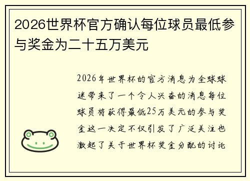 2026世界杯官方确认每位球员最低参与奖金为二十五万美元