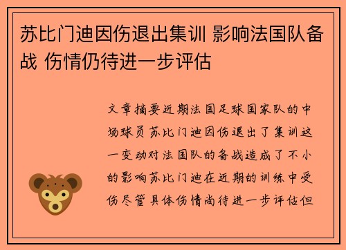 苏比门迪因伤退出集训 影响法国队备战 伤情仍待进一步评估