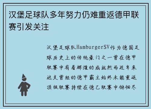 汉堡足球队多年努力仍难重返德甲联赛引发关注