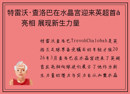 特雷沃·查洛巴在水晶宫迎来英超首发亮相 展现新生力量